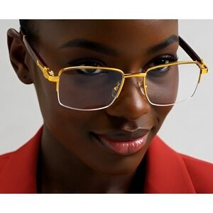 Gold Frame Glasses Wood Temple Accents Half Rim Rectangular Eyeglasses Women New